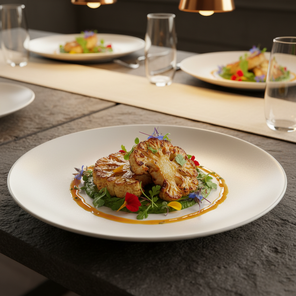 An artfully plated, Michelin-quality plant-forward dish presented on a wide, matte white porcelain plate atop a dark slate table. The dish features perfectly seared, golden cauliflower steaks on a bed of vibrant green herb puree, dotted with microgreens, edible flowers, and a delicate drizzle of citrus-infused oil. In the softly blurred background, additional plates and crystal-clear water glasses rest on a linen table runner in warm sand tones. Overhead pendant lighting with warm, focused beams creates subtle highlights on the glistening sauce and crisp textures, casting gentle shadows that emphasize depth. Photographic realism with a slightly overhead, three-quarter angle conveys refined gastronomy and mindful nourishment central to a luxury retreat experience.