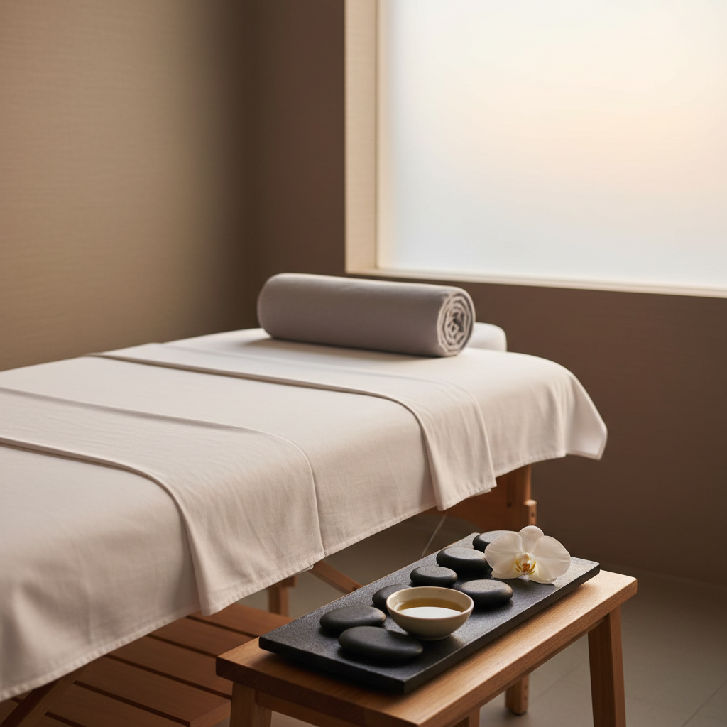 A close-up, photographic realistic scene of a polished massage table dressed in crisp, white cotton sheets and a neatly rolled, dove-gray bolster at one end. On a neighboring low wooden stool rests a tray holding smooth basalt stones, a small bowl of warm massage oil, and a single white orchid blossom. The room’s walls are soft taupe with a textured linen finish, and a large frosted window diffuses late afternoon sunlight, creating a warm, even glow with soft shadows. Shot from a slightly elevated angle with a shallow depth of field, the composition feels intimate, professional, and meticulously prepared, embodying the care and detail of high-end retreat healing services.