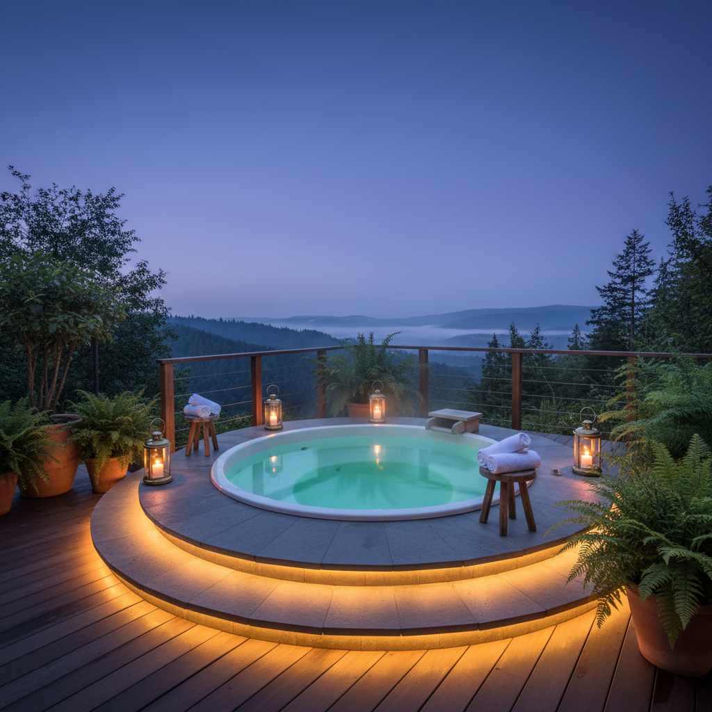 A secluded outdoor hydrotherapy deck at a retreat, featuring a circular cedar hot tub with gently steaming water, set into a smooth stone terrace. Around the tub are rolled white cotton towels, small lanterns with soft candlelight, and potted ferns adding lush greenery. Beyond the railing, misty forested hills fade into the distance under an early evening blue hour sky. Discreet, warm LED strip lighting along the deck edges creates a cozy, inviting glow, with reflections dancing on the water’s surface. Photographic realism from a slightly elevated diagonal angle captures the intimate yet luxurious mood, highlighting thoughtful amenity coordination and a sense of restorative seclusion.