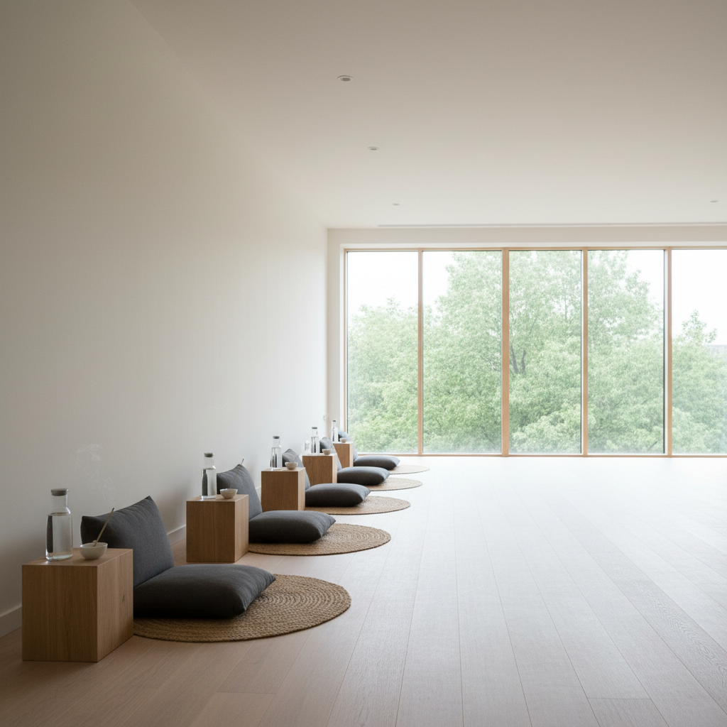 A serene breathwork space arranged in a minimalist studio with pale oak flooring and smooth, off-white walls. A row of neatly aligned, charcoal-gray meditation cushions rests on natural jute mats, each paired with a small wooden side block holding a ceramic incense holder and a glass carafe of water. Floor-to-ceiling windows along one side reveal an out-of-focus view of treetops, while diffused overcast daylight pours in, creating a soft, even illumination with minimal shadows. Captured in photographic realism from a low, wide-angle perspective, the composition emphasizes order, spaciousness, and tranquil focus, embodying the calm, intentional atmosphere of professionally coordinated retreat breathwork sessions.
