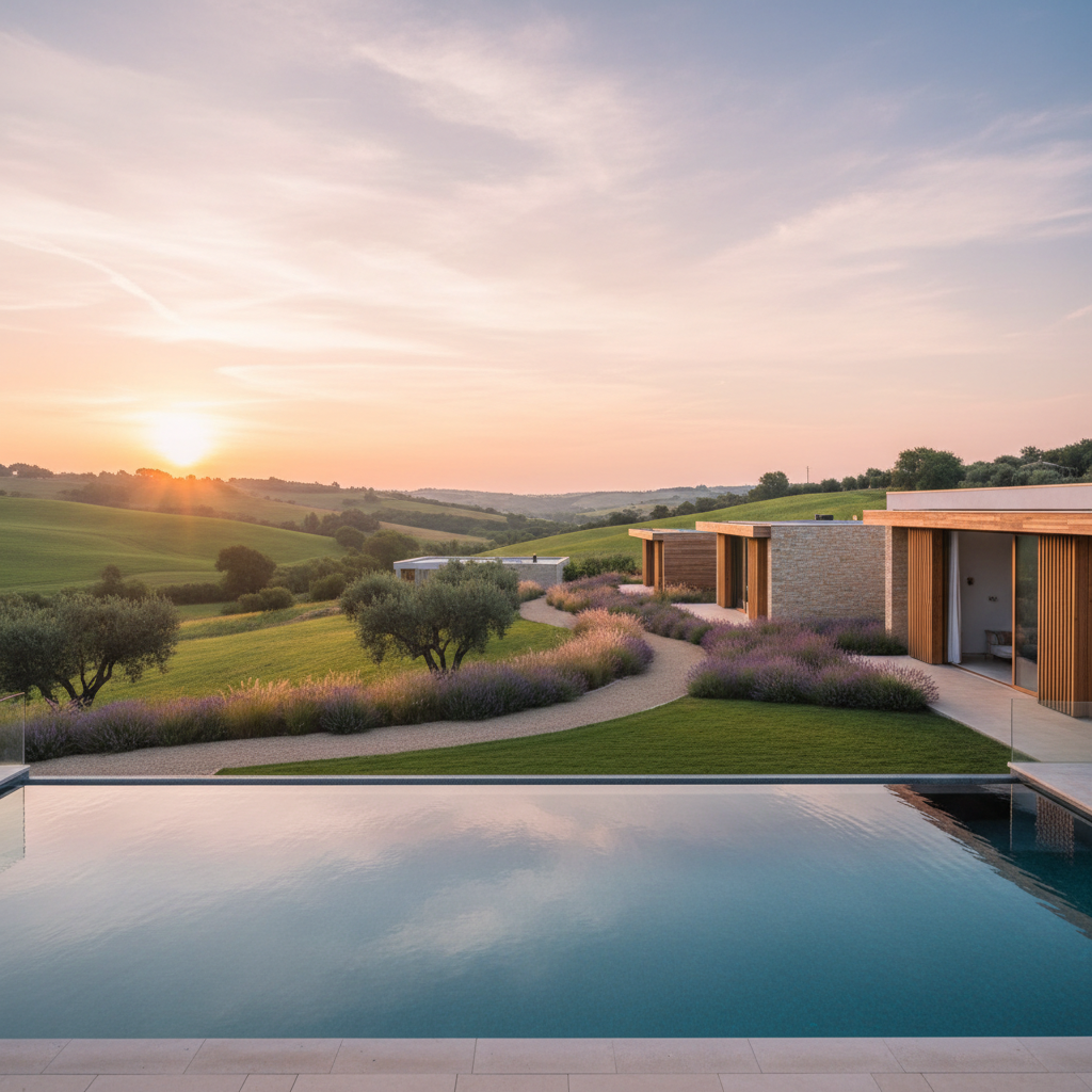 A panoramic view of a luxury retreat property nestled in rolling, emerald-green hills, with a sleek infinity pool in the foreground reflecting a pastel sunrise sky. Clean-lined, modern villas with natural stone facades and warm wooden accents are spaced thoughtfully along a winding gravel path, bordered by lavender and ornamental grasses. Soft golden hour light bathes the scene, creating gentle highlights on water ripples and subtle shadows along the architecture. Captured in photographic realism from a slightly elevated angle, the composition uses the rule of thirds to balance pool, landscape, and sky, conveying a sense of refined escape, meticulous coordination, and peaceful seclusion ideal for curated destination retreats.
